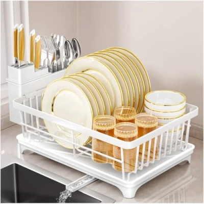 Image of SavvyStor Dish Drainer Rack Space Saving for Kitchen Counter, with Utensil Holder, Drain Board, White