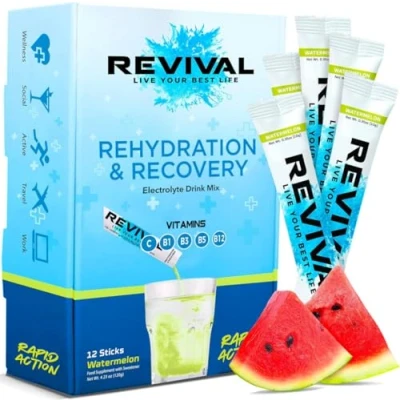 Image of Revival Rapid Rehydration Electrolytes Powder High Strength Vitamin C, B1, B3, B5, B12 Supplement Sachet Drink, Effervescent Electrolyte Hydration Tablets 12 Pack Watermelon