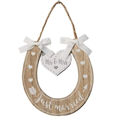 Image of Wedding &#039;Mr &amp; Mrs&#039; &#039;Just Married&#039; Wooden Horseshoe with Hearts