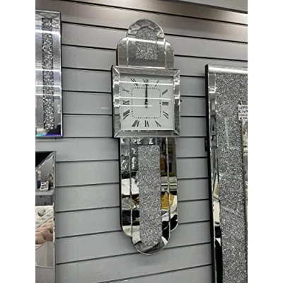 Image of DEENZ Grandfather Style Large Wall Clock Sparkly Diamond Crush Crystal Silver Mirrored Silent 100X30Cm