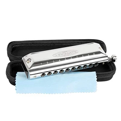 Image of CASCHA Harmonica Chromatic 10 40 I Holes with Tones Robust Stainless Steel Housing Perfect for Beginners &amp; Professionals Blues Harp Set Including Soft Case Cleaning
