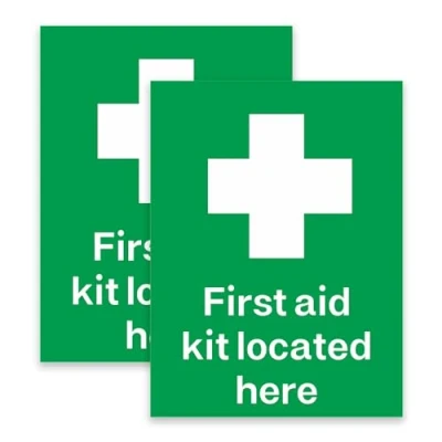 Image of First Aid Kit Located Here Sticker, Joyfulmap 2 pcs Safety Lables Signs of Waterproof Self Adhesive 20x15cm