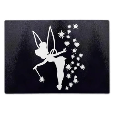 Image of ShopQuality4U Premium Medium 20x28cm Glass Cutting Board Cheese Tinker Fairy Silhouette Design Kitchen Worktop Saver Protector…