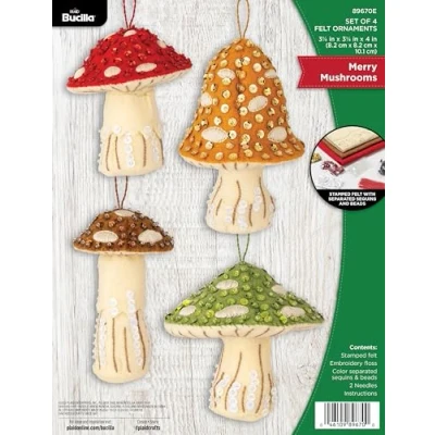 Image of Bucilla, Merry Mushrooms, Felt Applique 4 Piece Ornament Making Kit, Perfect for DIY Arts and Crafts, 89670E