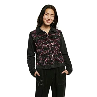 Image of Desigual Alba Black Denim Jacket with Pink Sequins SS21 Style 21SWED23