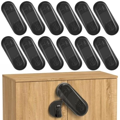 Image of ECHOCUBE Child Safety Cupboard Locks, 12 Packs Baby Proofing Cabinet Locks with Adhesive, for Cabinets, Cupboards, Drawers (Black)
