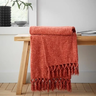 Image of Catherine Lansfield Wilson Plain Chenille 130x170cm Blanket Throw Terracotta