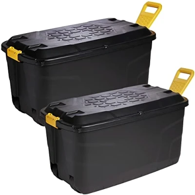 Image of STORM TRADING GROUP Heavy Duty Robust Black Storage Trunk With Wheels &amp; Handles 110 Litre 145 XL Capacity Great for Indoor Outdoor (110 Litre, 1 x Box)