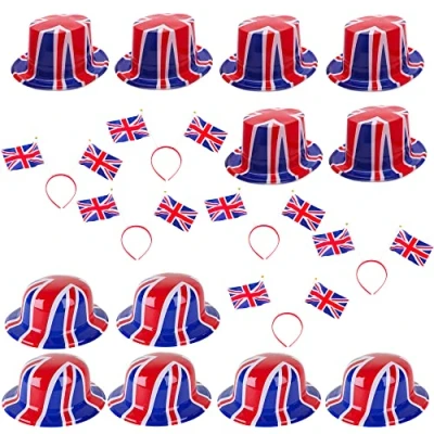 Image of Toyland®18 Piece Union Jack Party Wear Bundle 6 Bowler Hats, Top Hats &amp; Headbands British Fancy Dress