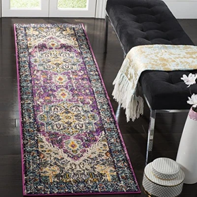 Image of SAFAVIEH Boho Chic Rug for Living Room, Dining Bedroom Monaco Collection, Short Pile, in Violet and Light Blue, 66 X 244 cm