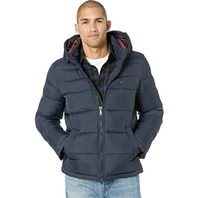Image of Tommy Hilfiger Men&#039;s Classic Hooded Puffer Jacket Down Alternative Outerwear Coat, Midnight, S