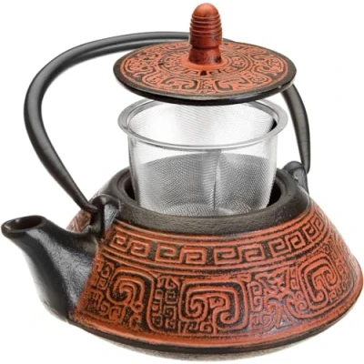 Image of IBILI Cast Iron India Teapot, 0.8 Litres, Enamel Interior, Induction Safe, Black/Red, 17 x 16 10 cm