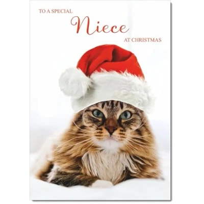 Image of doodlecards Niece Christmas Card Cat with Santa Hat Medium Size for Plain Envelope