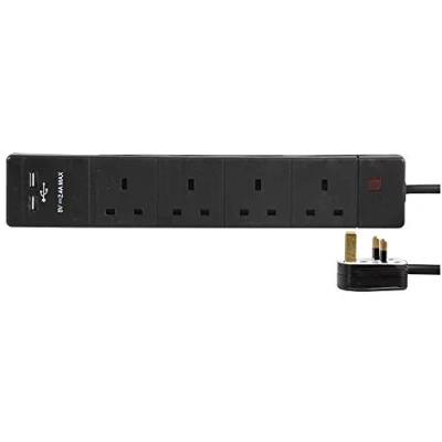 Image of PRO ELEC PEL00109 4 Gang Extension Lead with 2 USB 2m, Black