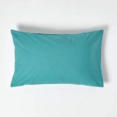 Image of HOMESCAPES Teal Pure Egyptian Cotton Pillowcase Standard Size 200 TC 400 Thread Count Percale Equivalent Housewife Pillow Case Pack of 2