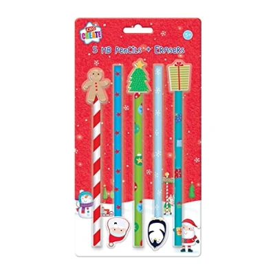 Image of Kids Create Pack 5 Children&#039;s Christmas HB Pencils &amp; Novelty Festive Erasers Set