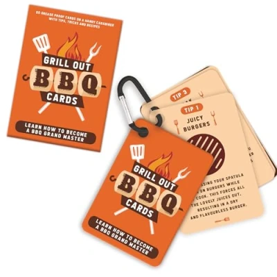 Image of Gift Republic BBQ Recipe Cards Set with Carabiner 50 Grease Proof, Wipe Clean 25 Recipes &amp; Tips for Outdoor Cooking Box