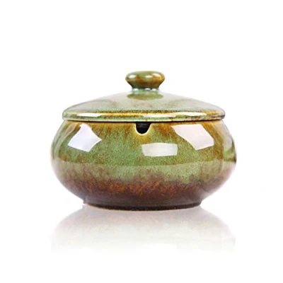 Image of Lependor Ceramic Ashtray with Lids,Windproof,Cigarette for Indoor or Outdoor Use，Ash Holder Smokers,Desktop Smoking Ash Tray Home Office Decoration Green