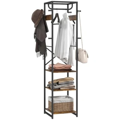 Image of HOMCOM Coat Rack, Freestanding Stand with 3 Shelves and 8 Hooks, Clothes for Entryway, Hallway, Bedroom, 170 x 38.5 30 cm, Rustic Brown