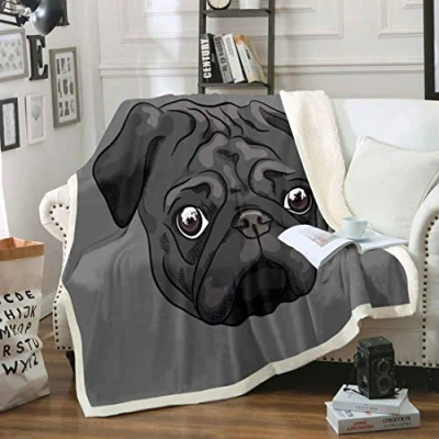 Image of Puppy Dog Sherpa Blanket Kids Boys Teens 3D Pug Print Fleece Blankets Cute Animal Pattern Throw Lover&#039;S Gift Plush Blankets,Room Decor Fuzzy Single 50&quot;x60&quot;,Black