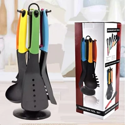 Image of Nylon Kitchen Utensil Set Non Stick Cookware Rotating Stand Flexible Turner, Slotted Spoon, Ladle, Spaghetti Server