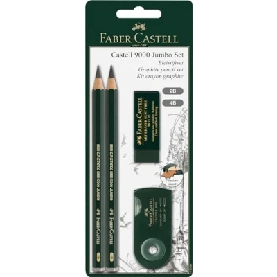 Image of Faber Castell 4 Piece Quality 9000 Jumbo Graphite Pencils Blister Card Set, Including 2B, 4B, Double Hole Sharpening Box for Standard and Black Lead Pencils, Dust Free Vinyl Eraser