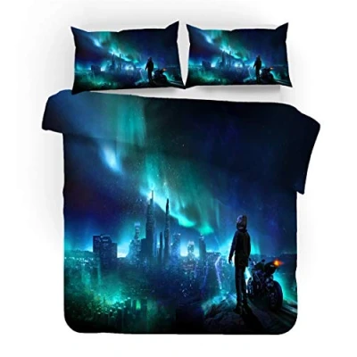 Image of 3D Racing Motorcycle Motocross Duvet Cover Dirt Bike Extreme Sports Driver Bedding Set, 2/3pc Microfiber Men Teens Boys Kids Children Quilt Comforter (Navy Blue, Single 135 x 200 cm)