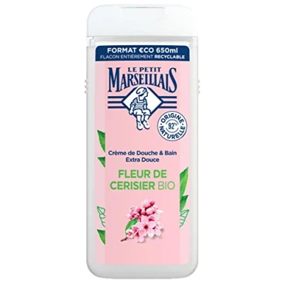 Image of Le Petit Marseillais Shower and Bath Cream Extra Soft Cherry Blossom Organic (650 ml Bottle) Gel with 92% Natural Ingredients pH Neutral No Dyes