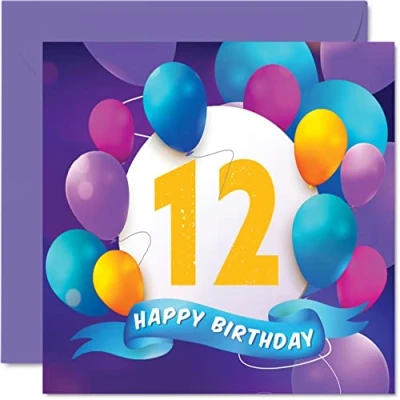Image of 12th Birthday Card for Boys Girls Balloon Party Happy Cards 12 Year Old Boy Girl Brother Sister Son Daughter Grandson Granddaughter Cousin, 145mm x Bday Greeting Gift