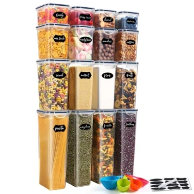 Image of YASHE 16PCS Airtight Food Storage Containers, Plastic Cereal Containers with Lids, BPA Free, Kitchen and Pantry Organization for Dry Food, Pasta, Flour &amp; Sugar, Labels Spoon