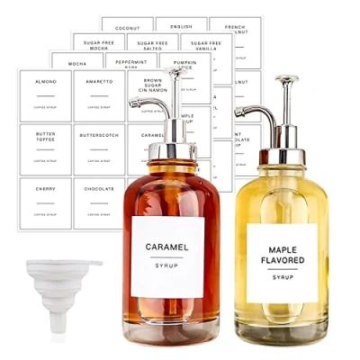 Image of Set of 2 Coffee Syrup Dispenser with 36 Labels, Pump Bar, Minimalist Glass Maple/Coffee Bottles, Simple Bottles,16.9 oz 500 ml (Silver)
