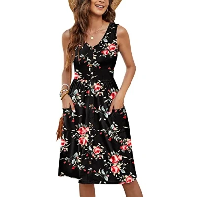 Image of Molerani Summer Dress for Women Sleeveless Ladies V Neck Beach Swing Button Midi Sundress with Pockets Rose Black 8 10 S