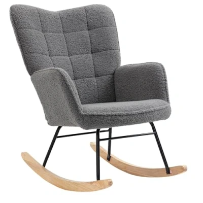 Image of HOMCOM Wingback Rocking Chair with Wooden Base, Fleece Glider Rocker for Nursing, Modern Armchair Dark Grey