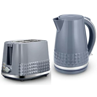 Image of Tower Solitaire Grey 1.5L 3KW Jug Kettle &amp; 2 Slice Toaster. Matching Modern Design Toaster Set in with Chrome Accents