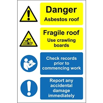 Image of Danger asbestos roof fragile use crawling boards Safety sign 1.2mm Rigid plastic 400mm x 300mm