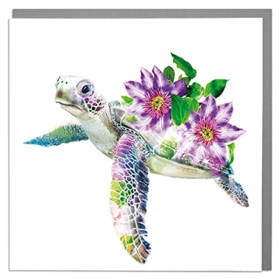 Image of Lola Design Wildlife Botanical Greeting Cards, Turtle Suitable for Birthdays, Congratulations or Any Special Occasions Blank Inside with Grey Envelope 150mm x