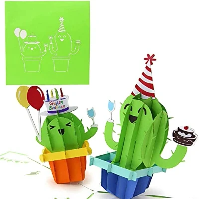 Image of PopLife Cactus Party 3D Pop Up Happy Birthday Card Cute Folds Flat for Mailing Gift Grandkids, Kids Bday, Office Card, Surprise Party, Gifts, Desert Theme