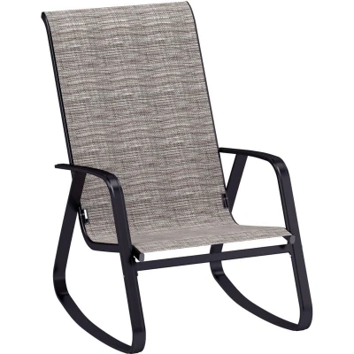 Image of Outsunny Garden Rocking Chair, Ergonomic Outdoor Chair with Armrests, High Backrest, Steel Frame Relaxing Rocker Armchair Seat for Patio, Balcony, Porch, Light Brown
