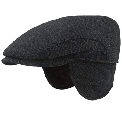 Image of Breiter Men&#039;s Winter Flat Cap with Ear Flaps, Cap, Peaked 100% Wool Fold Out Protection, Hat, Skin Friendly and Comfortable, Herringbone Blue, 7 5/8