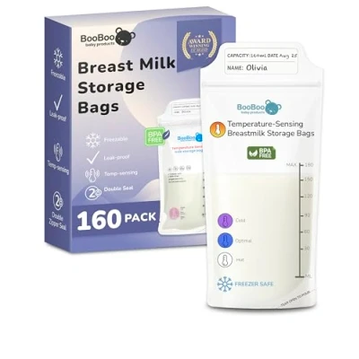 Image of Booboo® 160 Pack Breast Milk Storage Bags, Temp Sensing Breastmilk Storing Bag, Self Standing, No Leak Freezer Suitable Pouches for