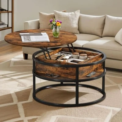 Image of DWVO Coffee Table Round, Tables for Living Room, Lift Top with Storage and Hidden Compartment, Modern Table, Small Round