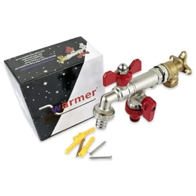 Image of Wärmer System Outside Wall Mounted Garden Tap with Check Valve and Wallplate Elbow Fixture, 1/2 inch (Double Outlet Butterfly Handle Tap)