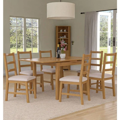 Image of Hallowood Furniture Waverly Extending Dining Table and Chairs Set 6, Light Oak Extendable Ladder Back with Beige Fabric Seat, Small for Home Cafe