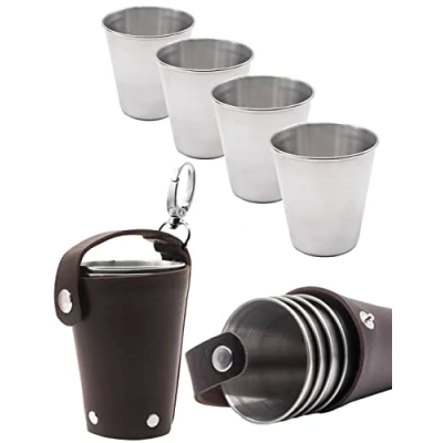 Image of Outdoor Saxx® Stainless Steel Cups Set of 4 Unbreakable Drinking Cups, Metal in Leather Transport Bag with Carabiner for Hiking, On the Go