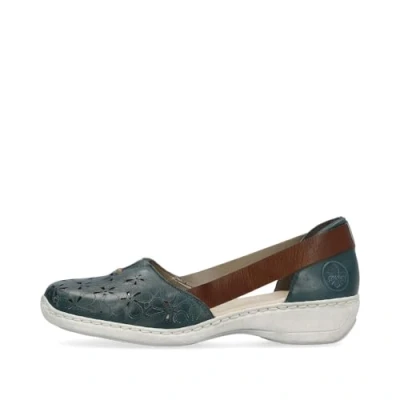 Image of Rieker 41356 Wedge Heel Open Sides Petrol Leather Women&#039;s Loafers (Petrol, UK Footwear Size System, Adult, Women, Numeric, Medium, 6.5)