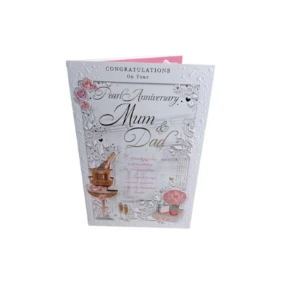 Image of Congratulations On Your Pearl Anniversary Mum &amp; Dad 30th Wedding Card Champagne/Roses Foil Detail Large