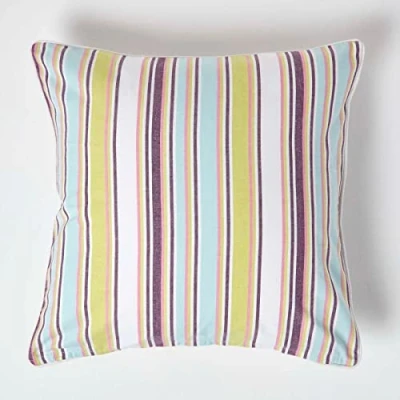Image of HOMESCAPES 100% Cotton Osaka Stripes Large Cushion Cover 60 x cm Square 24 Inches Green Blue White Purple Sofa Pillow Washable