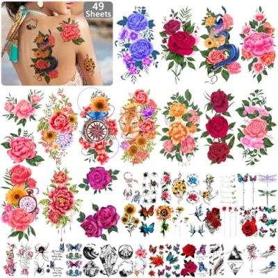 Image of 49 Sheets Temporary Tattoos for Women and Men 3D Extra Large Waterproof Sexy Flowers Fake Tattoo Kits
