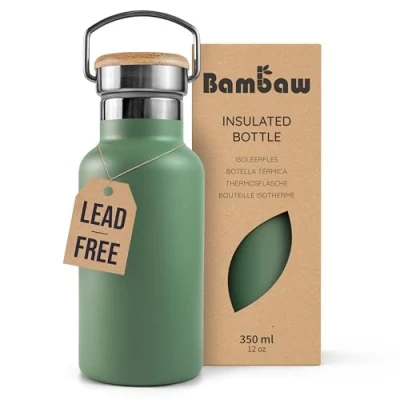 Image of Bambaw Insulated Water Bottle 350ml, Green Bottle, Stainless Steel Leakproof Small Metal Camping Flask Sage