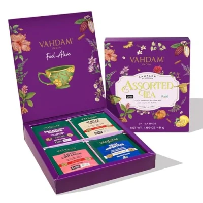 Image of VAHDAM, Assorted Tea Gift Set Variety Pack (25 Flavors, 25 Bags) Gluten Free, Non GMO Long Leaf Pyramid Bags Herbal Tea, Green Chai Gifts for Women &amp; Men